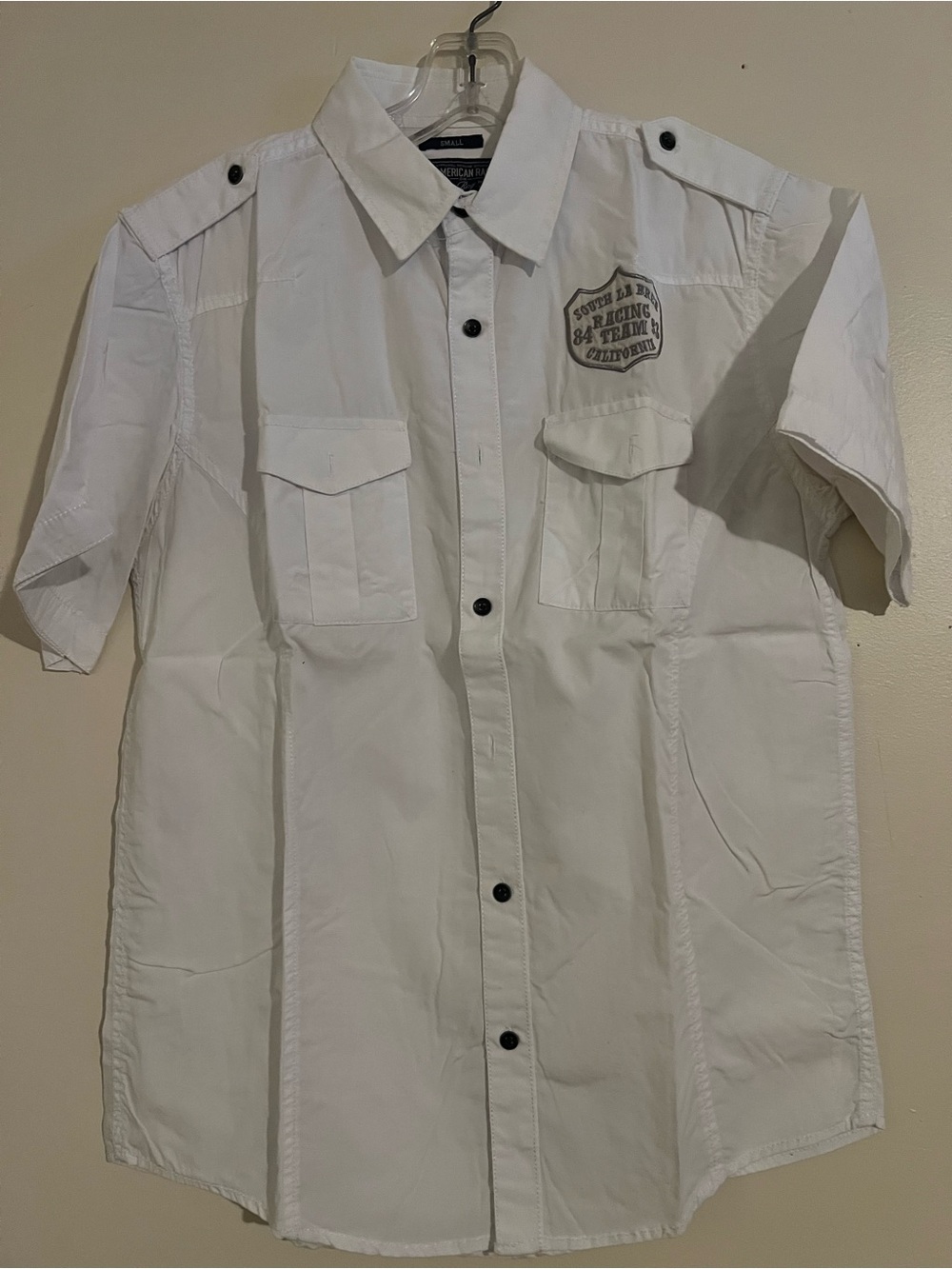 ⁠† American Rag White Racing Patch Button Up Shirt - Small⁠